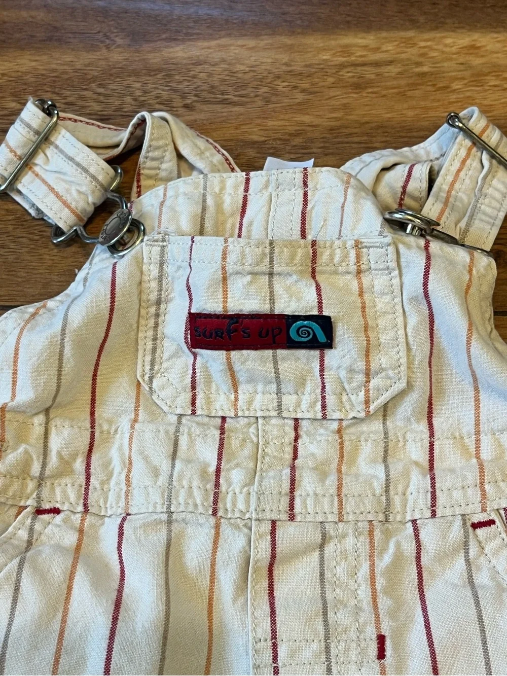 Carters 9mo surfs up surfer dude cream striped short overalls with crab beach